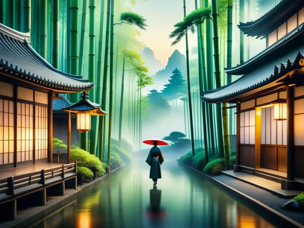 Pintura acuarela que muestra un bosque de bambú tradicional japonés junto a una ciudad moderna y vibrante con luces neón