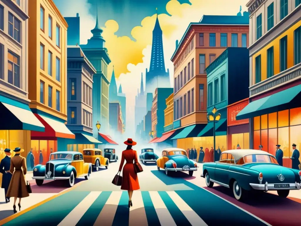 Una pintura acuarela detalla una bulliciosa calle de la era modernista, con figuras elegantes y arquitectura Art Nouveau