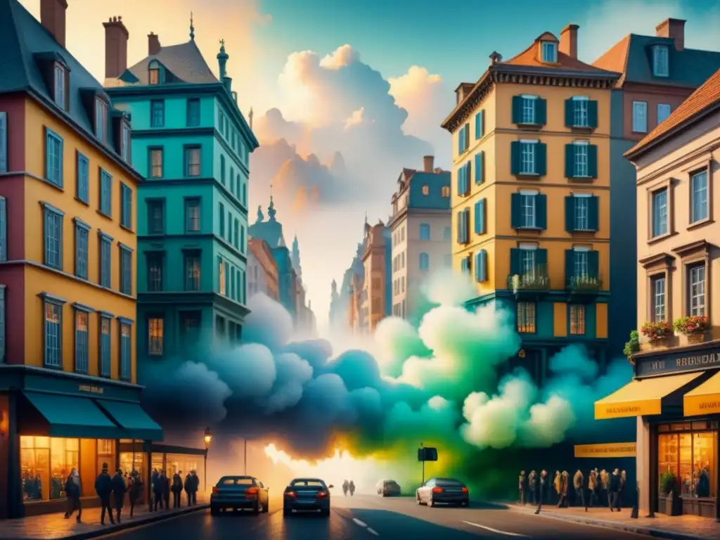 Pintura acuarela 8k de una calle urbana donde los edificios se derriten y fusionan, creando ilusión óptica