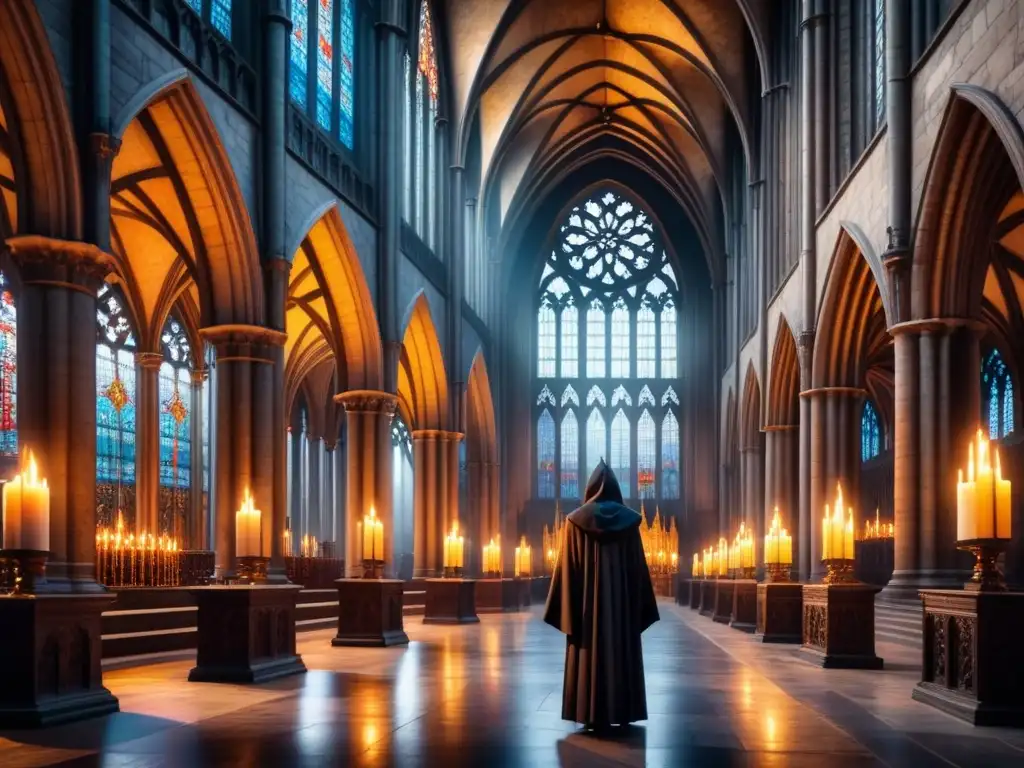 Pintura acuarela de una catedral gótica iluminada débilmente, con arcos, vitrales coloridos, figuras en túnicas y misteriosas luces de velas