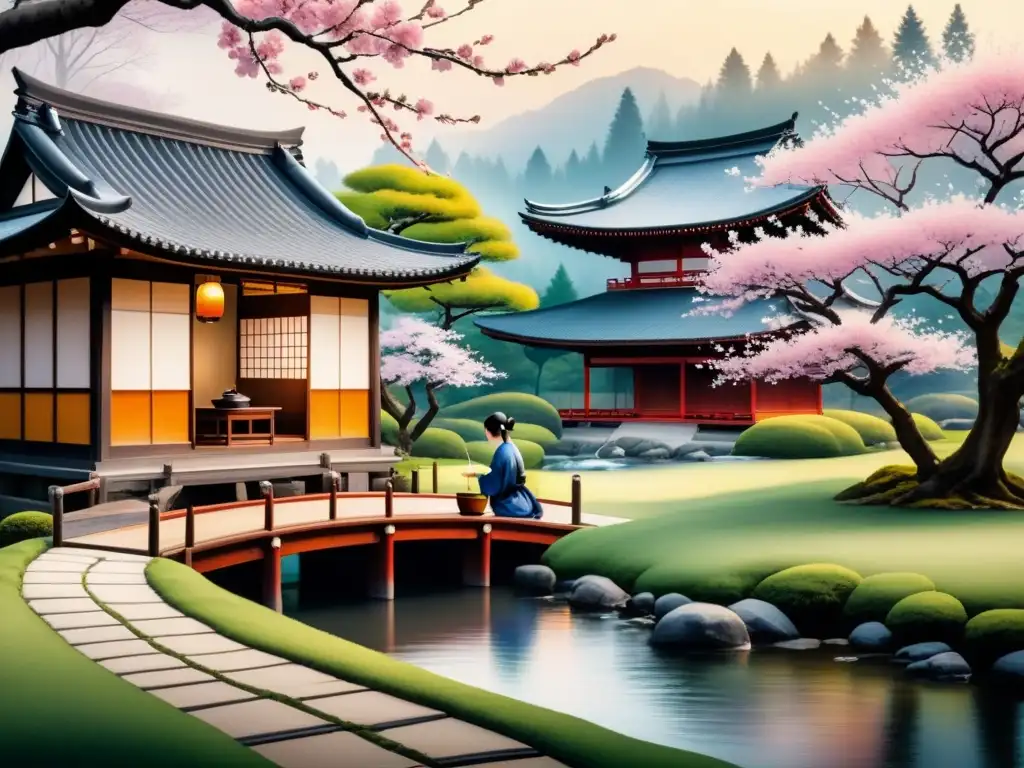 Pintura acuarela de ceremonia del té japonesa en jardín con árboles de cerezo en flor