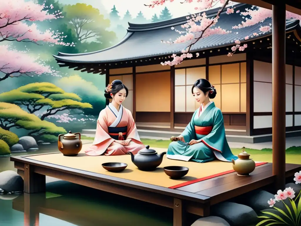 Pintura acuarela de ceremonia del té japonesa en jardín tranquilo con kimono y árboles de cerezo en flor