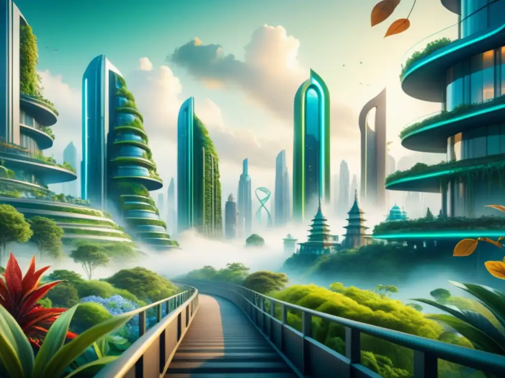 Pintura acuarela 8k detalla ciudad futurista integrada con naturaleza exuberante