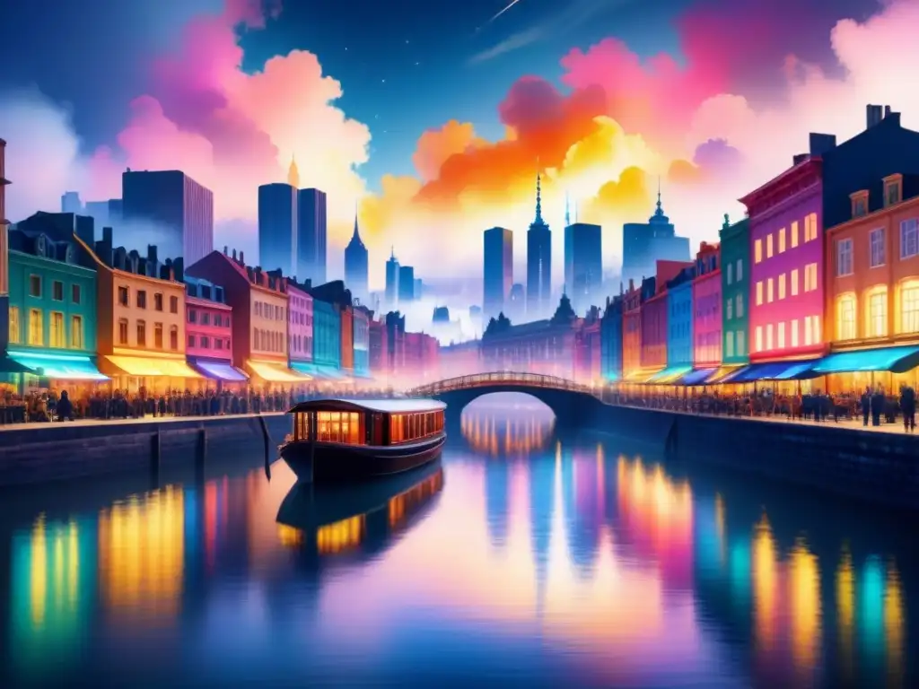 Pintura acuarela de ciudad nocturna con luces de neón reflejadas en un río, destacando la Importancia del sonido en arte