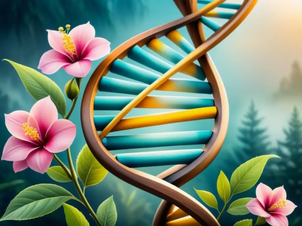 Una pintura acuarela detallada de un ADN entrelazado con flores vibrantes, fusionando genética y arte en una composición intrincada y fascinante