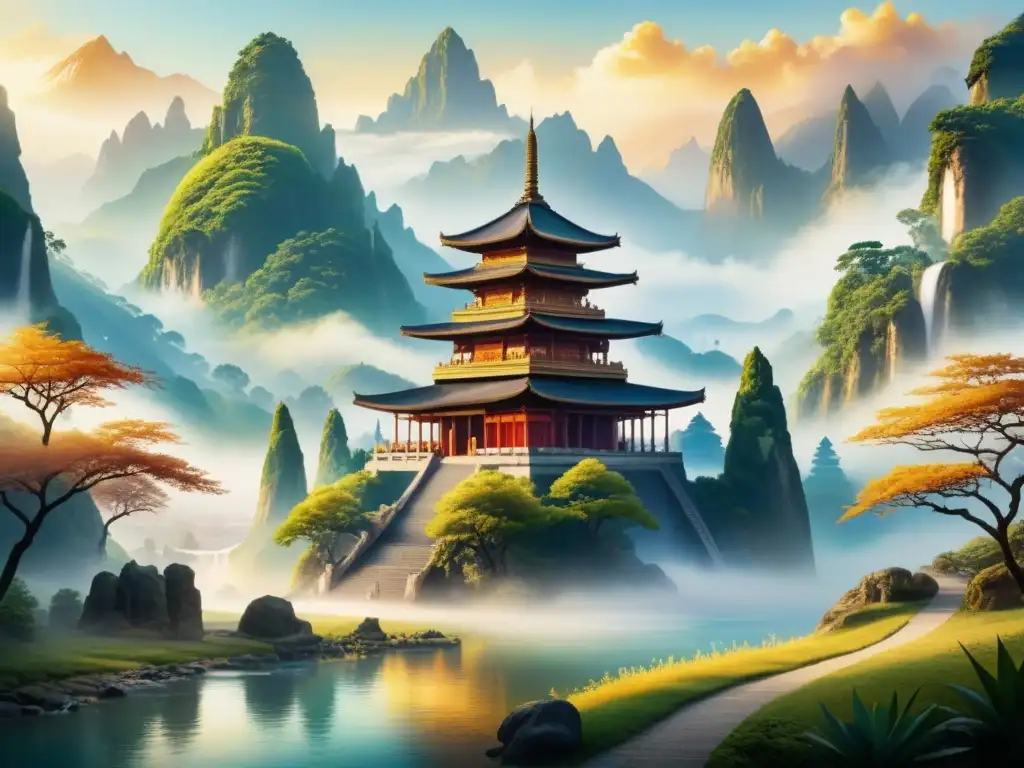 Una pintura acuarela detallada de un antiguo templo sereno entre montañas, con neblina etérea y luz dorada