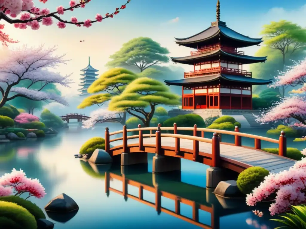 Una pintura acuarela detallada de un apacible jardín japonés con cerezos en flor, un puente de madera sobre un estanque y una pagoda entre vegetación exuberante