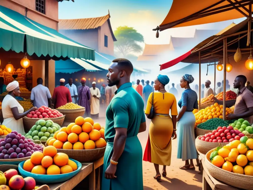 Una pintura acuarela detallada de un bullicioso mercado africano, influencia global del arte contemporáneo africano