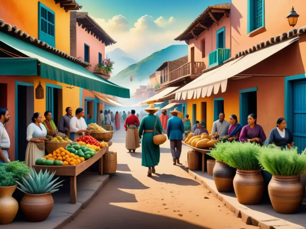 Una pintura acuarela detallada de un bullicioso mercado en un pueblo histórico, capturando la esencia de la vida diaria y la narración de la rica historia comunitaria a través del arte visual