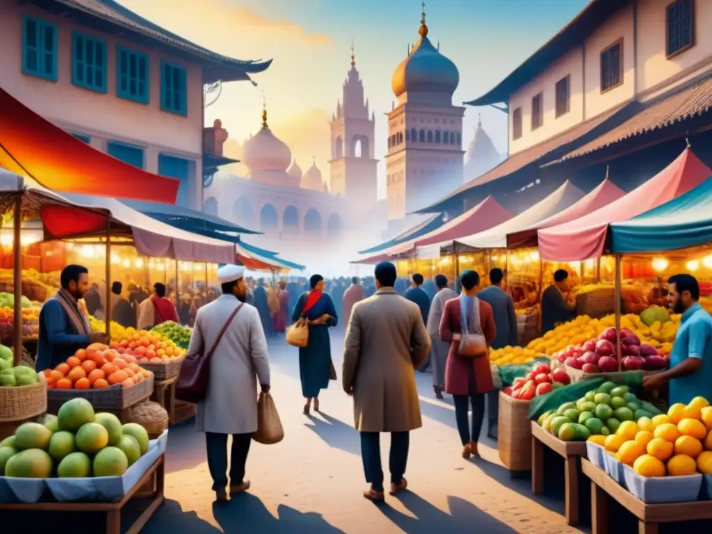 Mercado multicultural: escena vibrante de intercambio cultural Una pintura acuarela detallada de un bullicioso mercado multicultural, con diversidad cultural y arquitectura moderna