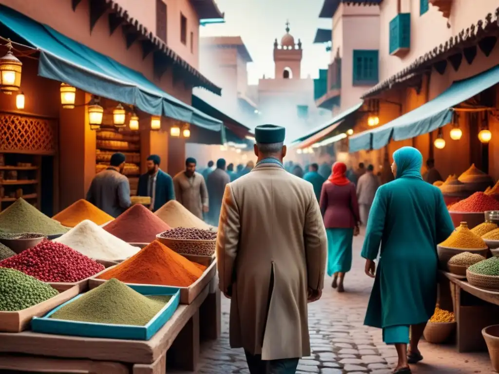 Una pintura acuarela detallada de un bullicioso mercado marroquí, con puestos coloridos de especias, textiles tradicionales y cerámica