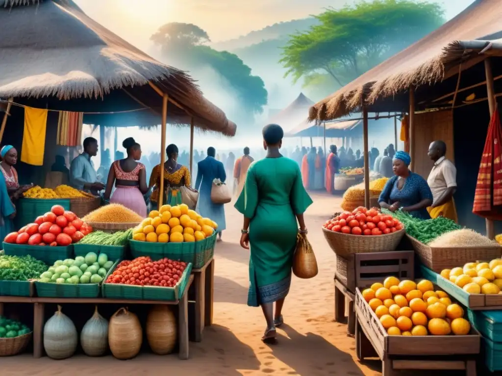 Una pintura acuarela detallada de un bullicioso mercado africano, con impacto arte africano contemporáneo