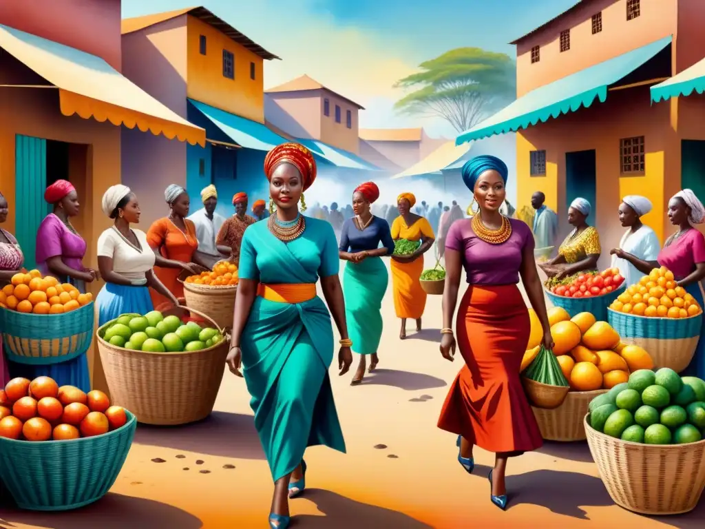 Una pintura acuarela detallada de un bullicioso mercado africano, inspirado en la música, arte africano contemporáneo