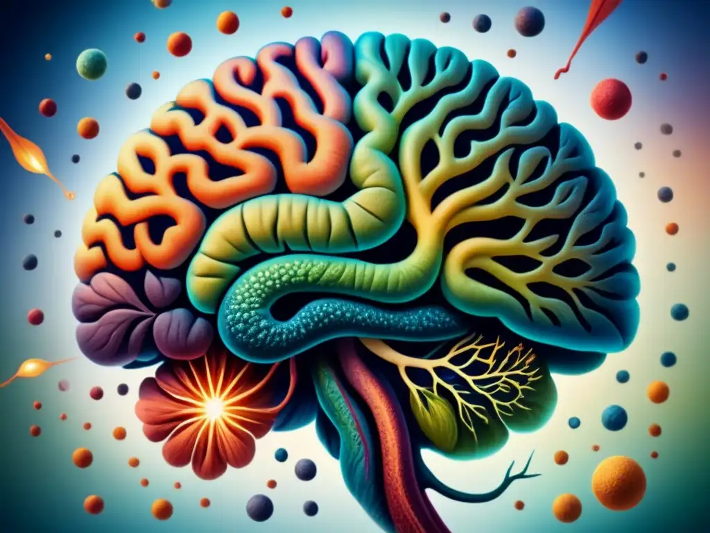 Una pintura en acuarela detallada del cerebro humano, con colores vibrantes representando áreas responsables de la percepción visual