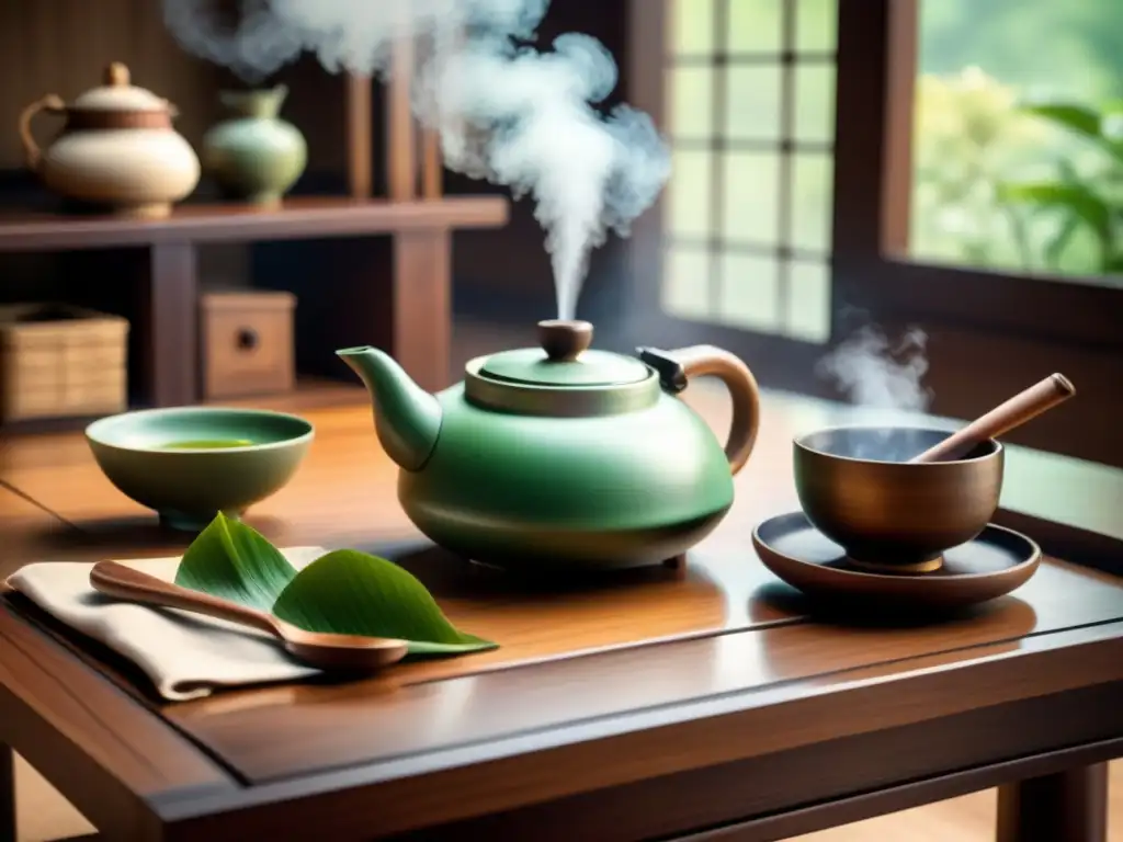 Una pintura de acuarela detallada de una ceremonia de té japonesa, mostrando movimientos delicados y ambiente sereno