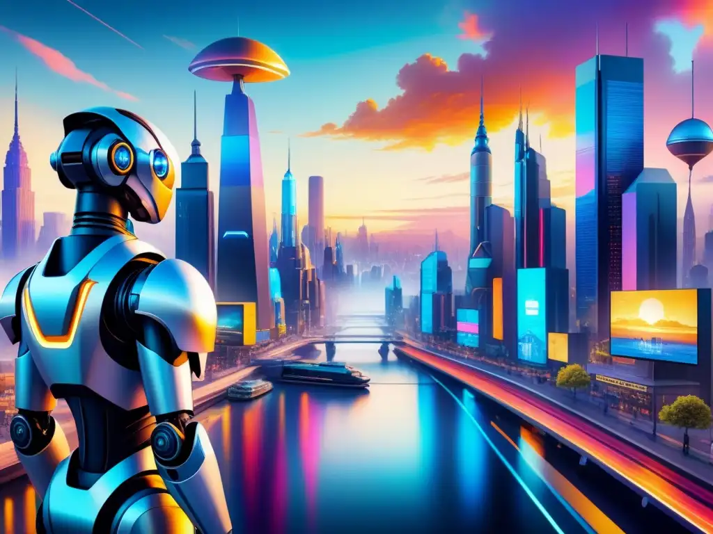 Una pintura acuarela detallada muestra una ciudad futurista donde la inteligencia artificial y el arte visual se entrelazan