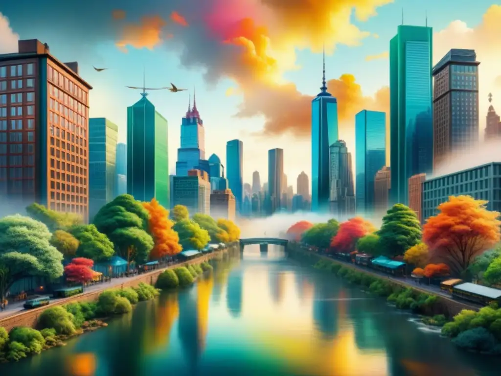 Una pintura acuarela detallada que fusiona ciudad y naturaleza en un vibrante paisaje urbano