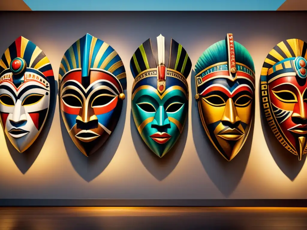 Una pintura de acuarela detallada que muestra una colección vibrante de máscaras africanas en una galería de museo