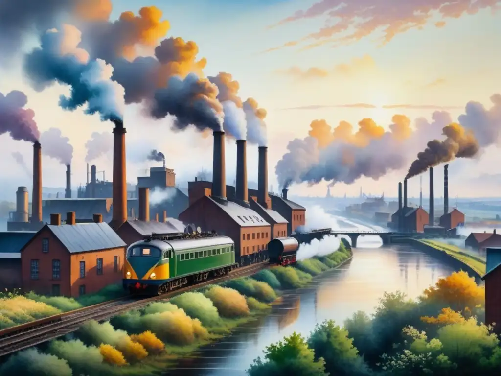 Pintura en acuarela detallada mostrando contraste visual entre Impresionismo y Revolución Industrial