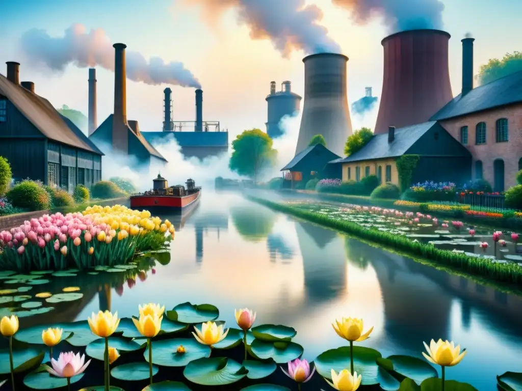 Pintura acuarela detallada que muestra el contraste visual entre Impresionismo y Revolución Industrial con jardines de Giverny y fábricas humeantes
