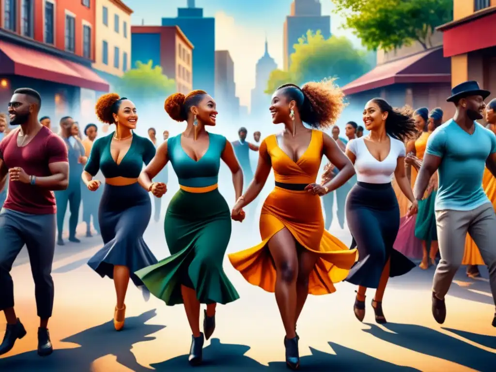 Una pintura acuarela detallada muestra una danza comunitaria con movimientos narrativos, celebrando la diversidad cultural y la unidad