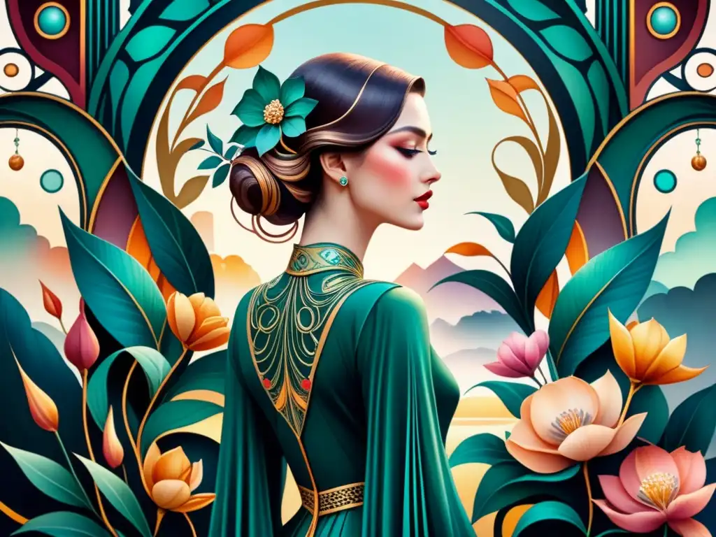 Pintura acuarela detallada que muestra la diferencia entre Art Nouveau y Art Deco con sus estilos únicos y contrastantes