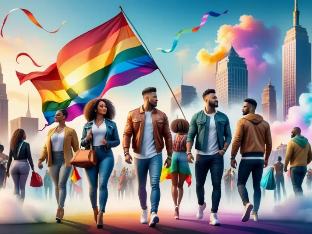 Una pintura acuarela detallada de la diversidad LGBTQ+, expresando arte y unidad en la ciudad