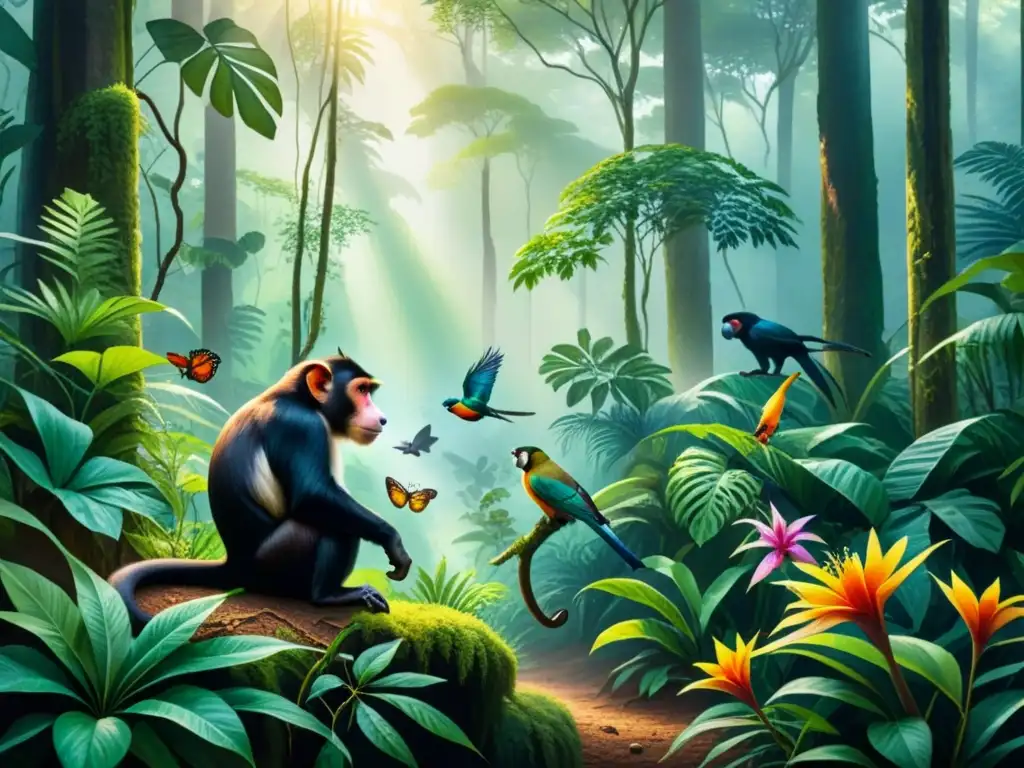 Una pintura acuarela detallada de un ecosistema vibrante en la selva con fauna y flora