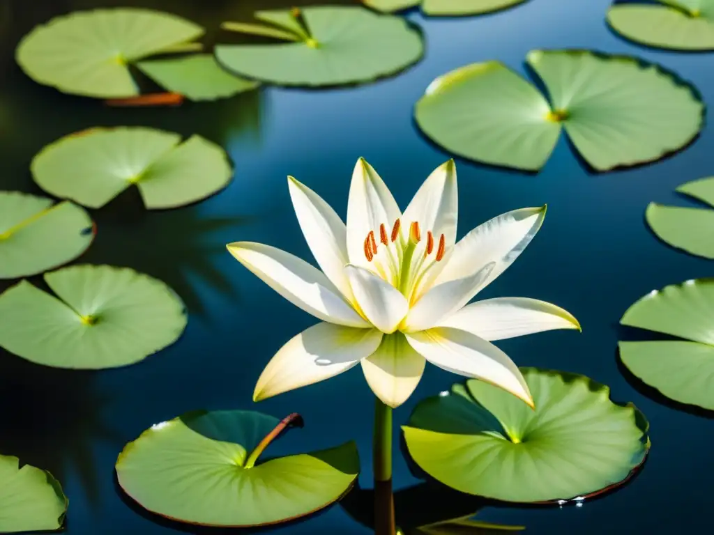 Una pintura acuarela detallada de un elegante lirio blanco en un estanque sereno, reflejando su belleza en el agua calmada