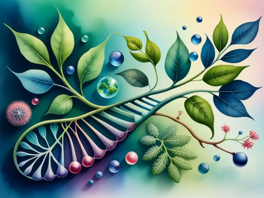 Una pintura acuarela detallada que fusiona elementos biológicos con pinceladas artísticas en transición de colores, capturando la esencia de Bioarte en la expresión contemporánea