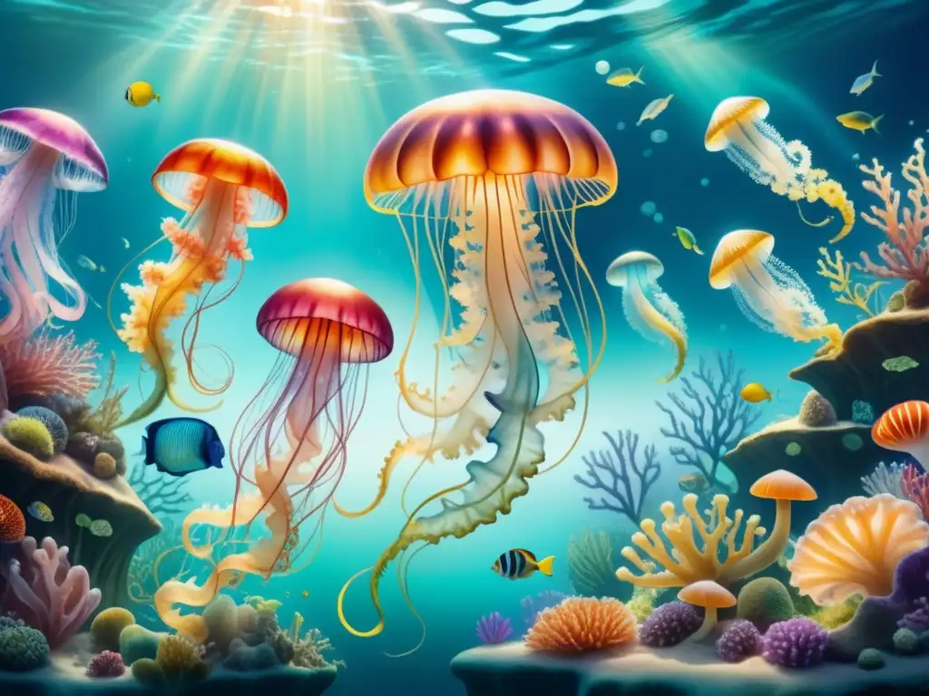 Acuarela surrealista del fondo marino: criaturas coloridas y mágicas Una pintura acuarela detallada de un escenario submarino surrealista y caprichoso con criaturas marinas coloridas y fantásticas