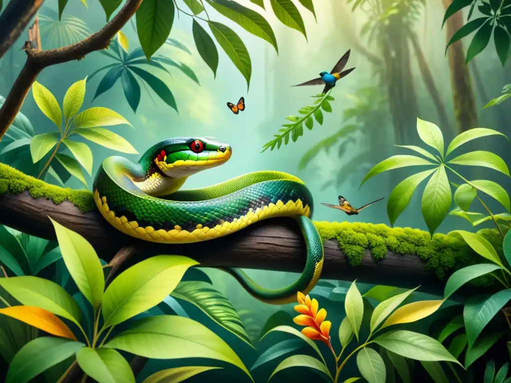 Una pintura de acuarela detallada que muestra un exuberante e vibrante ecosistema de selva tropical, influencia del Bioarte en percepción