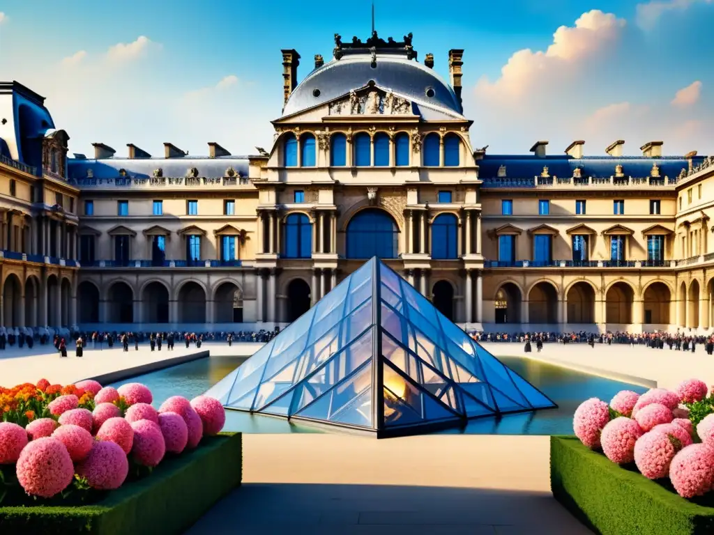 Una pintura de acuarela detallada del icónico Museo del Louvre en París, Francia, con flores en primer plano