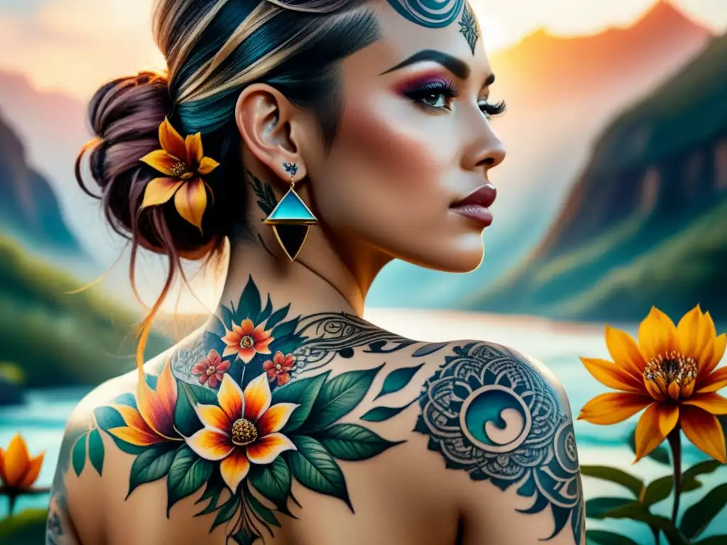 Una pintura acuarela detallada de individuos con tatuajes, fusionando arte corporal con la naturaleza