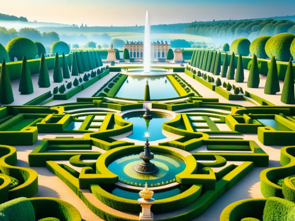Exquisita pintura acuarela de los Jardines de Versalles: opulencia barroca Una pintura acuarela detallada de los Jardines de Versalles en Francia, simbolizando el significado y el simbolismo de los jardines barrocos