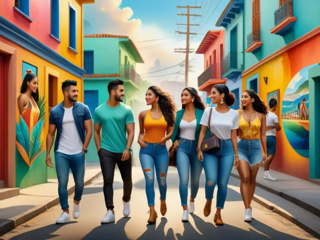 Una pintura acuarela detallada con jóvenes latinos en diversas formas de arte, rodeados de murales callejeros vibrantes