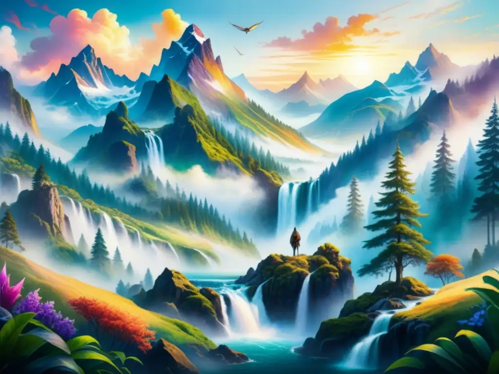 Una pintura acuarela detallada de un majestuoso paisaje fantástico con montañas, cascada y criatura mítica en vuelo