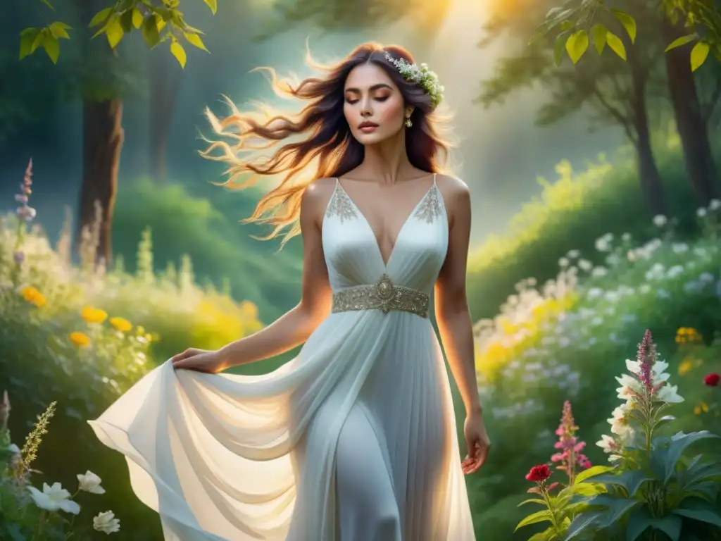 Una pintura acuarela detallada que representa a una mujer serena en un vestido blanco, rodeada de naturaleza exuberante y flores silvestres, con un ambiente romántico y etéreo