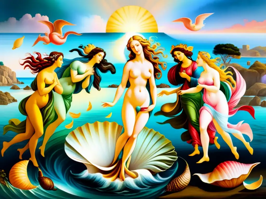 Una pintura acuarela detallada de 'El nacimiento de Venus' de Botticelli, con colores vibrantes y pinceladas delicadas que capturan a la diosa emergiendo de una concha en un mar calmado, rodeada de figuras mitológicas como Zephyrus y Flora, todo en un fondo et