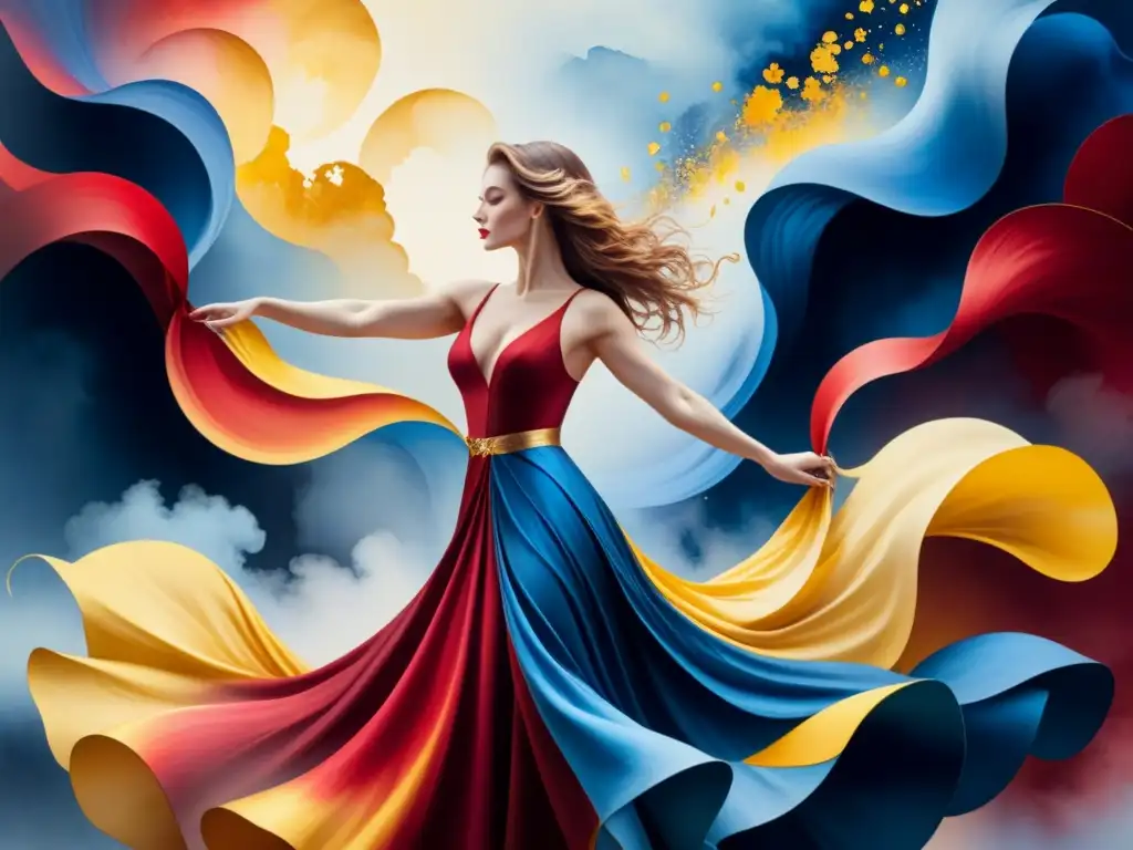 Una pintura acuarela detallada con obsesión cromática, colores vibrantes danzando en una paleta rica de rojo, azul y oro, creando una historia visual