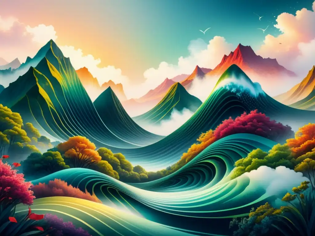 Una pintura acuarela detallada que representa ondas sonoras en paisajes vibrantes y dinámicos