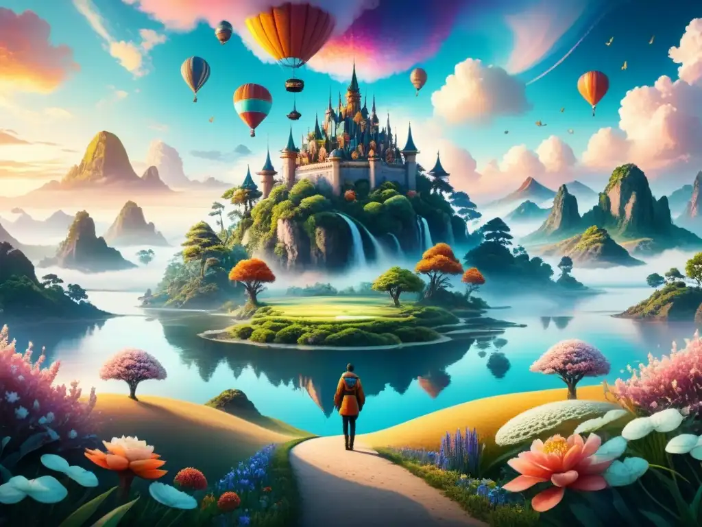 Una pintura acuarela detallada de un paisaje onírico con islas flotantes, criaturas surrealistas y un cielo vibrante lleno de patrones y colores