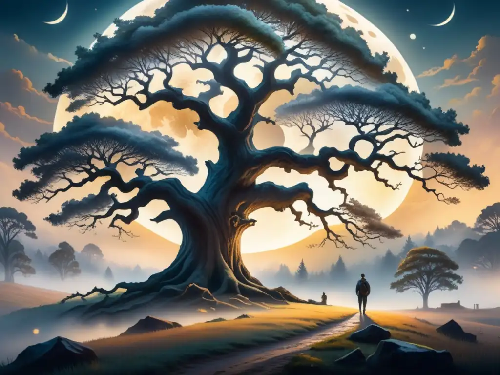 Pintura en acuarela detallada en 8k: paisaje nocturno sereno con árbol majestuoso, luces y sombras, en un ambiente romántico