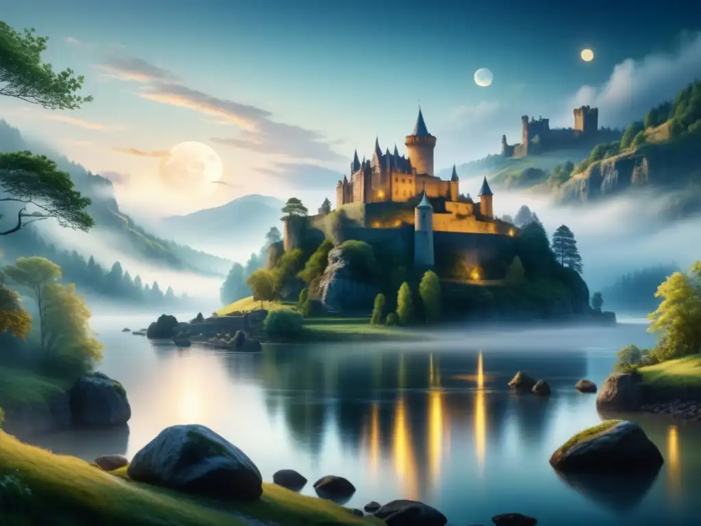 Una pintura acuarela detallada de un paisaje sereno y misterioso con un majestuoso castillo antiguo en un acantilado, iluminado por la luna