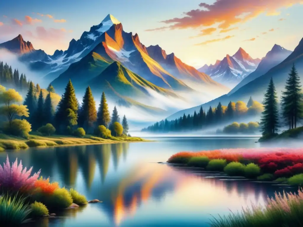 Una pintura acuarela detallada de un paisaje sereno con una montaña majestuosa, un lago tranquilo reflejando los colores vibrantes del cielo al atardecer y exuberante vegetación