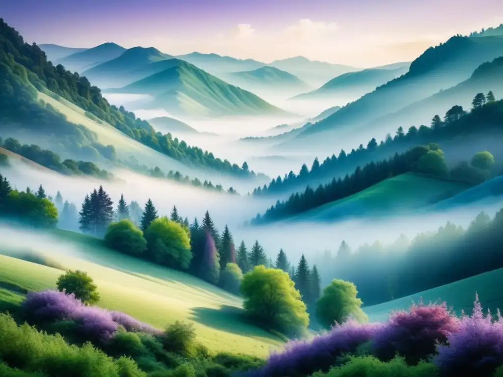 Una pintura acuarela detallada de un paisaje sereno con colinas en tonos de azul, verde y morado