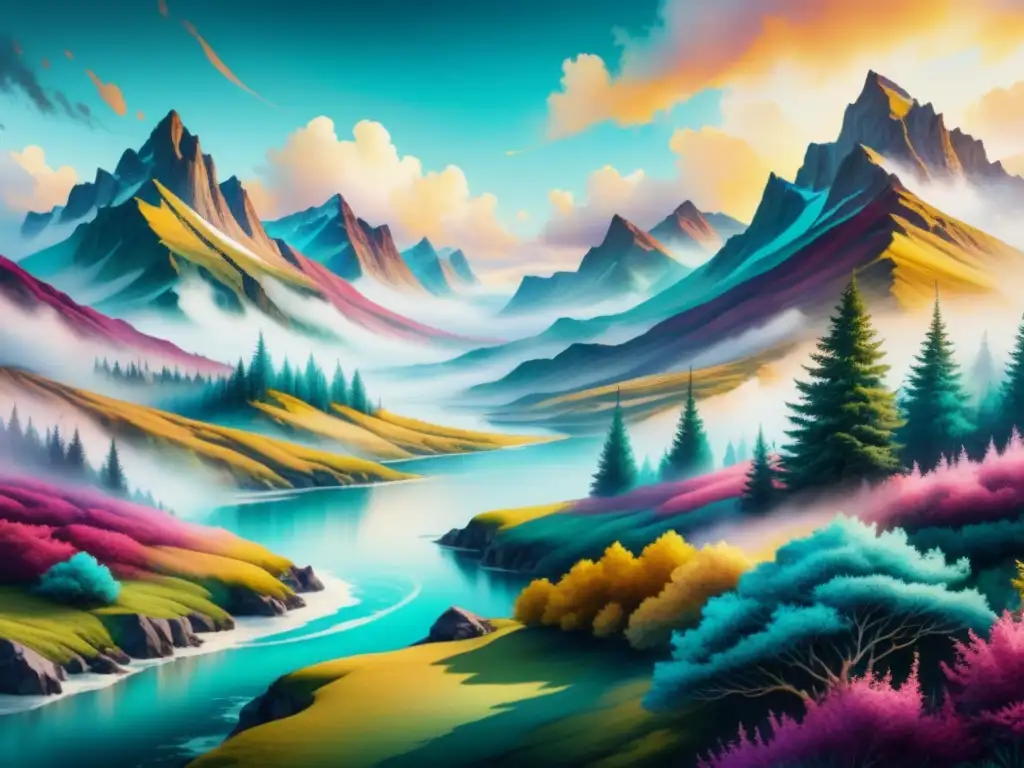 Una pintura acuarela detallada que representa un paisaje abstracto vibrante con colores que se mezclan armoniosamente, evocando energía y movimiento