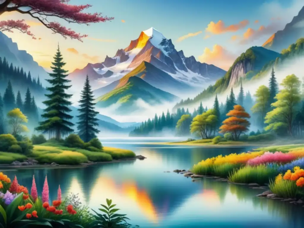 Una pintura acuarela detallada con paisaje sereno y majestuosa montaña al atardecer