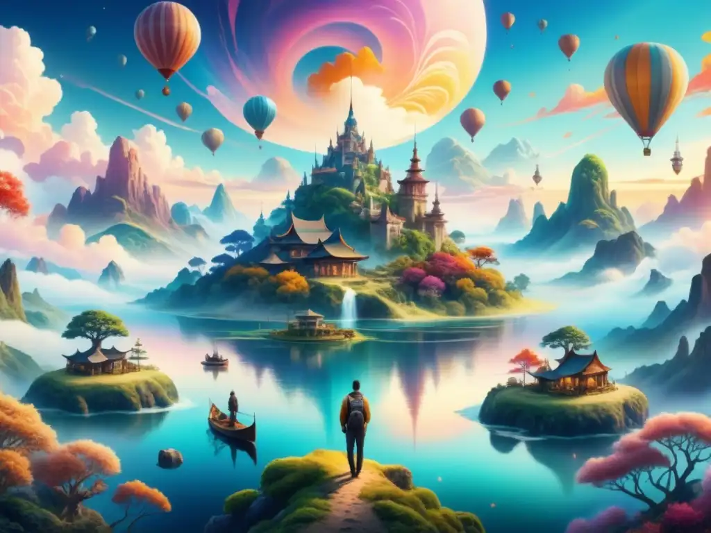 Una pintura acuarela detallada, paisaje onírico con islas flotantes y criaturas surrealistas