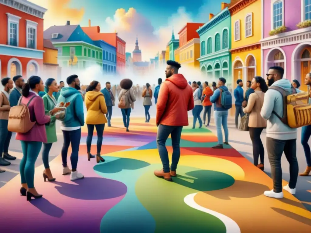 Una pintura acuarela detallada que representa a diferentes personas de diversos orígenes culturales unidos en un proyecto artístico comunitario